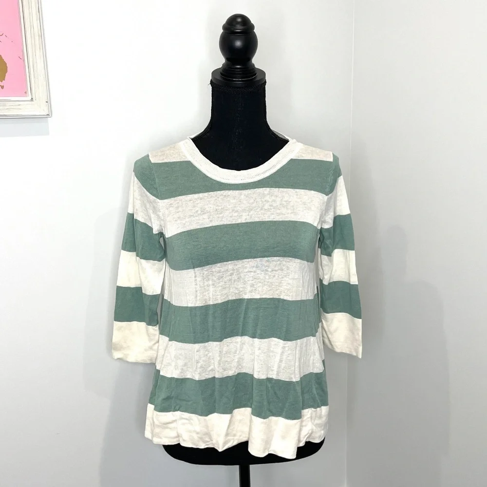 J.Crew Green Beige Stripe 3/4 Sleeve Top